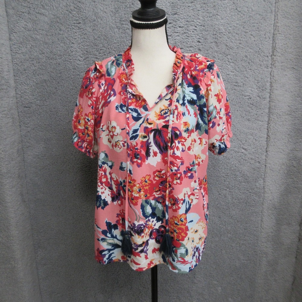 THML Floral Boho Shirt Women M Pink Tassel Tie Ruffle Puff Sleeve Cottagecore